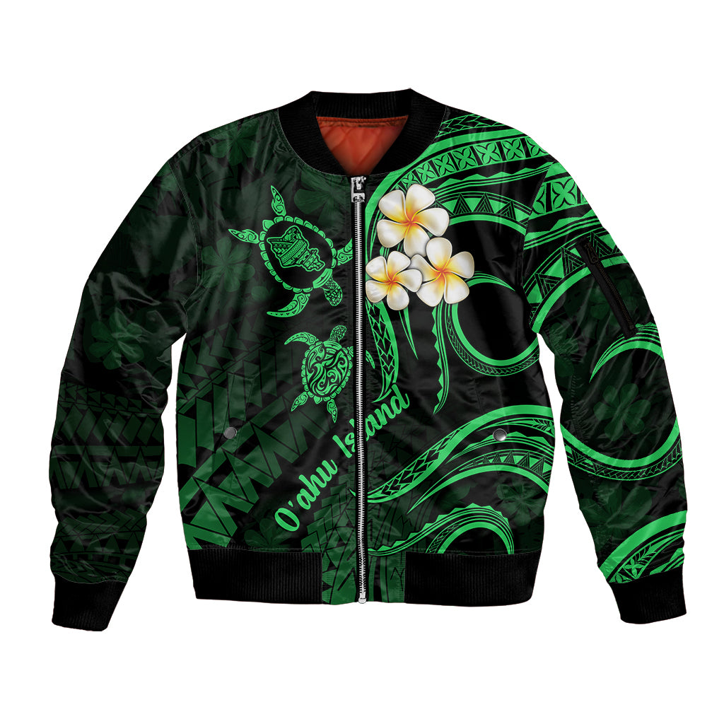 Hawaii Sleeve Zip Bomber Jacket Oahu Islands Pacific Plumeria Green Vibe LT9 Unisex Green - Polynesian Pride
