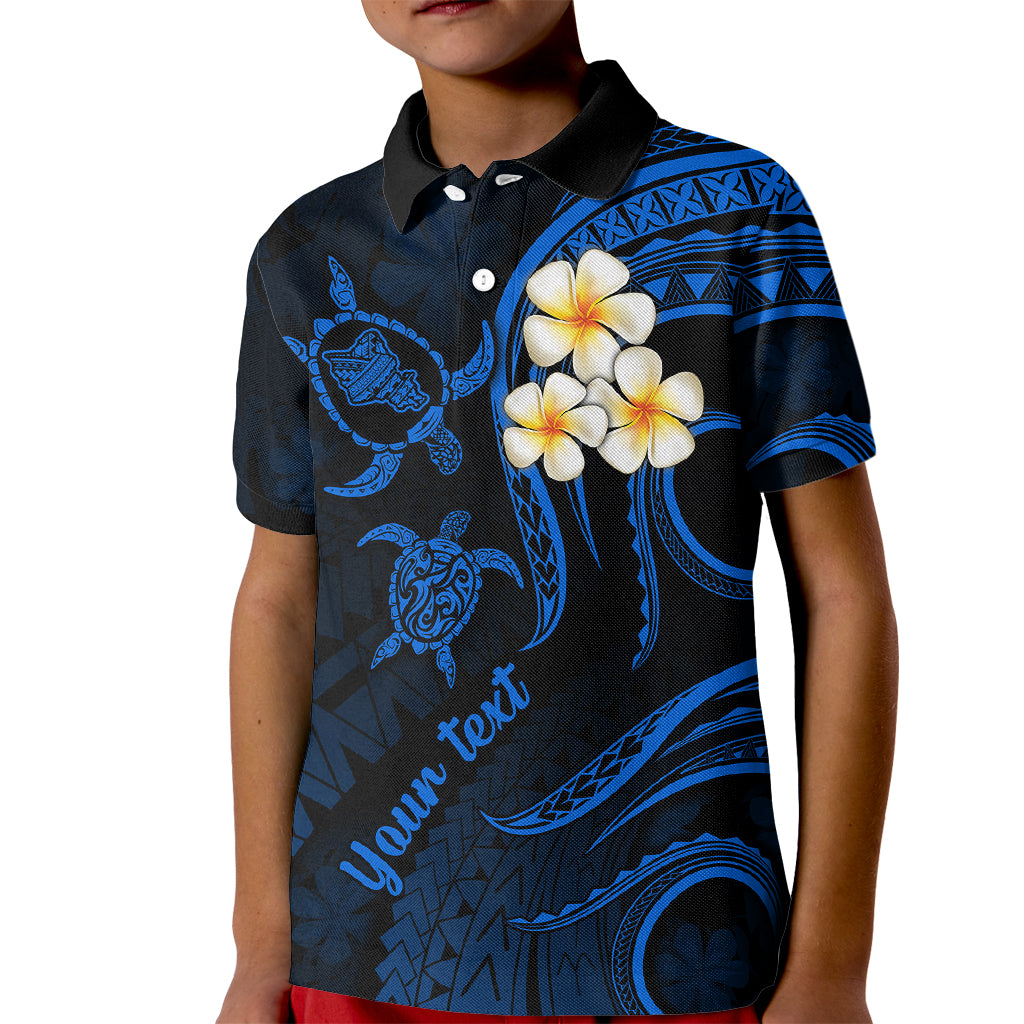 Personalised Oahu Hawaii Kid Polo Shirt Polynesian Tattoo and Pacific Plumeria Blue Vibe LT9 Kid Blue - Polynesian Pride