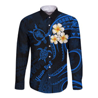 Personalised Oahu Hawaii Long Sleeve Button Shirt Polynesian Tattoo and Pacific Plumeria Blue Vibe LT9 Unisex Blue - Polynesian Pride