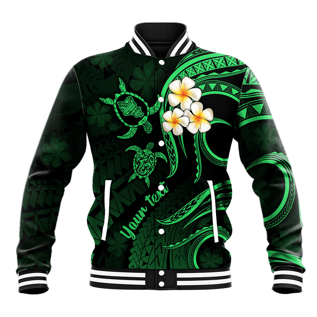 Personalised Oahu Hawaii Baseball Jacket Polynesian Tattoo and Pacific Plumeria Green Vibe LT9 Unisex Green - Polynesian Pride