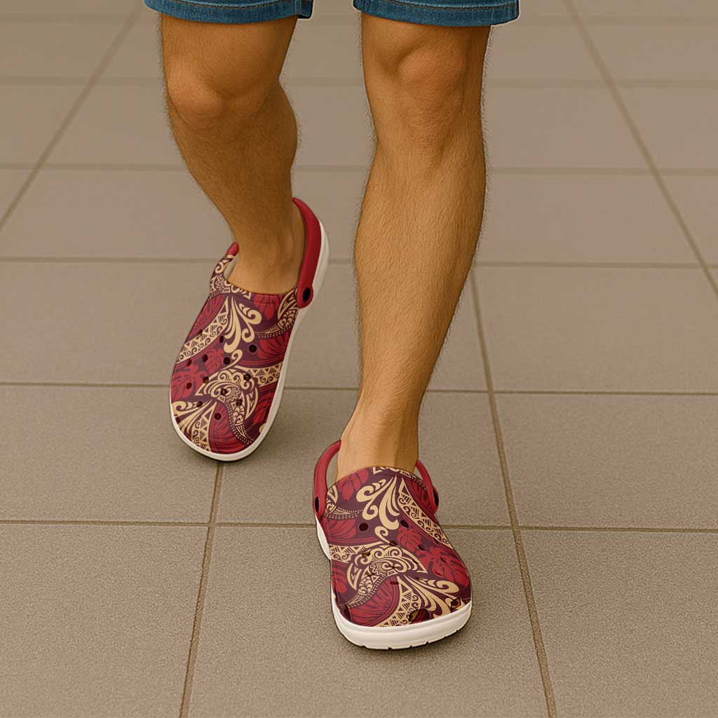Luxury Red Monstera Clogs Shoes Polynesian Tribal Pattern - Polynesian Pride