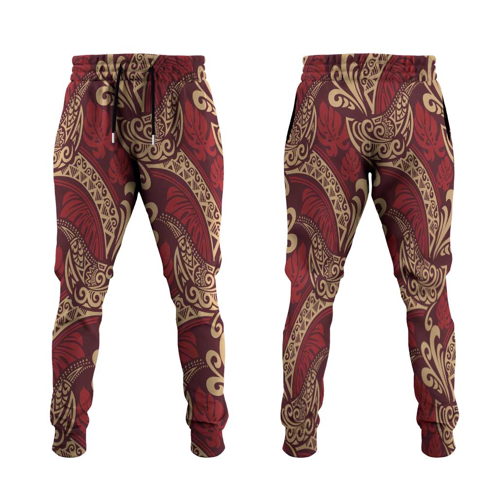 Luxury Red Monstera Jogger Pants Polynesian Tribal Pattern - Polynesian Pride