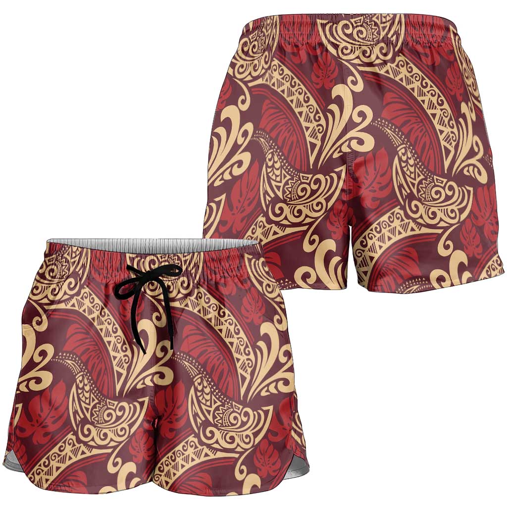 Luxury Red Monstera Shorts for Women Polynesian Tribal Pattern LT01 - Polynesian Pride