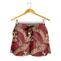 Luxury Red Monstera Shorts for Women Polynesian Tribal Pattern LT01 - Polynesian Pride
