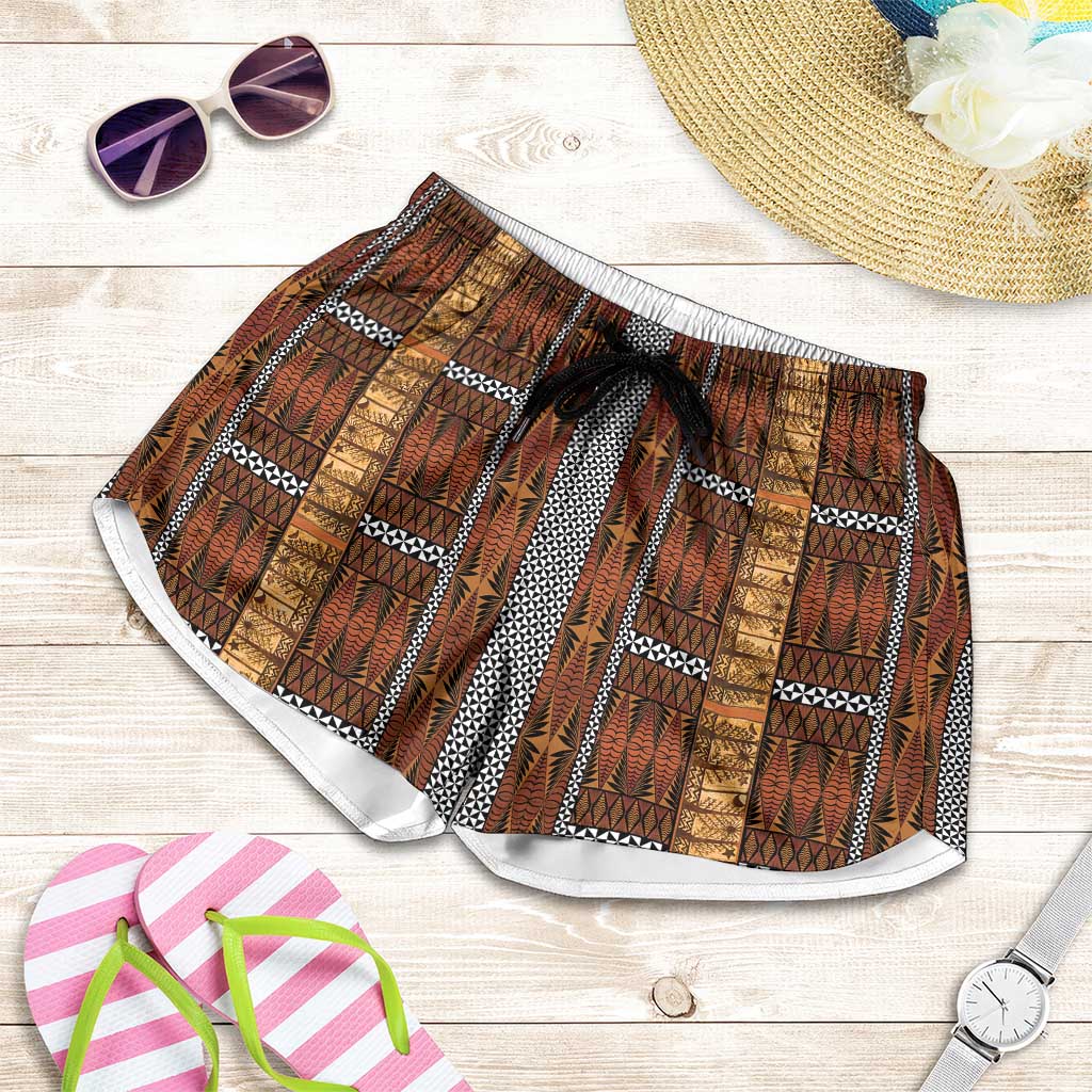 Malo e Lelei Tonga Shorts for Women Tongan Ngatu Tapa Cloth LT14 Orange - Polynesian Pride