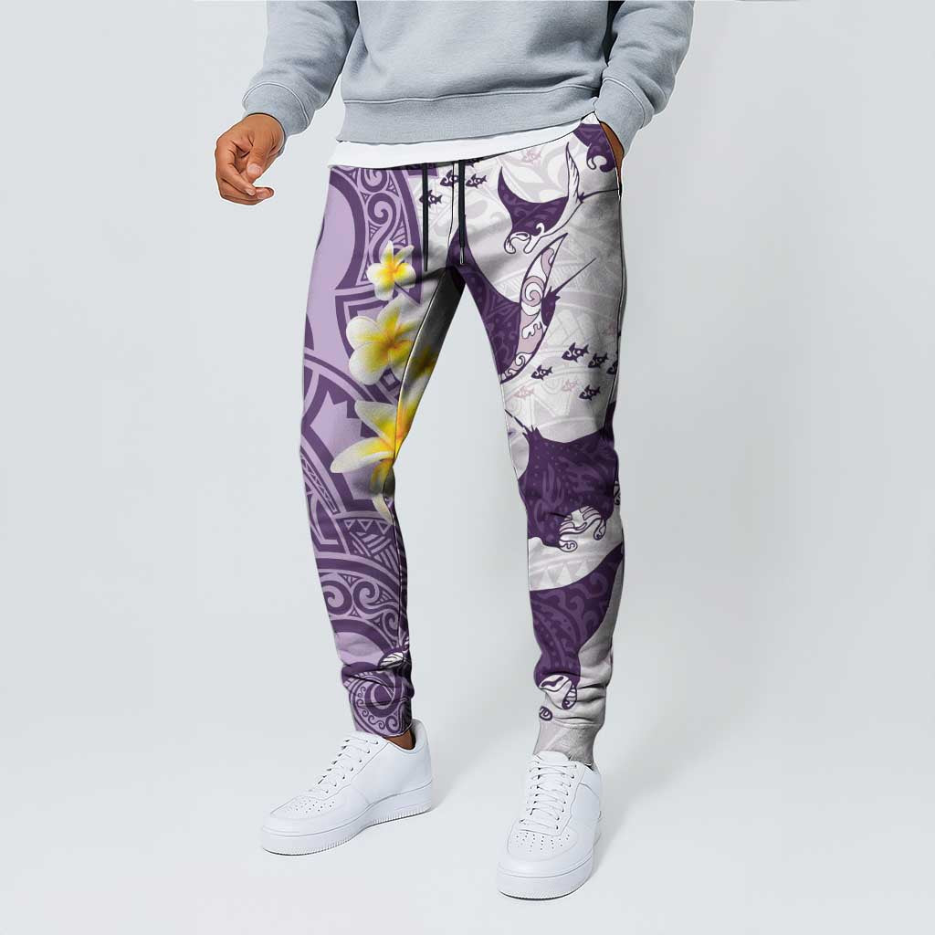 Maori Manta Ray Plumeria Deep Purple Jogger Pants - Polynesian Pride