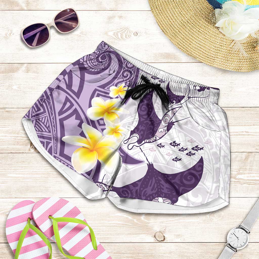 Maori Manta Ray Plumeria Deep Purple Shorts for Women - Polynesian Pride