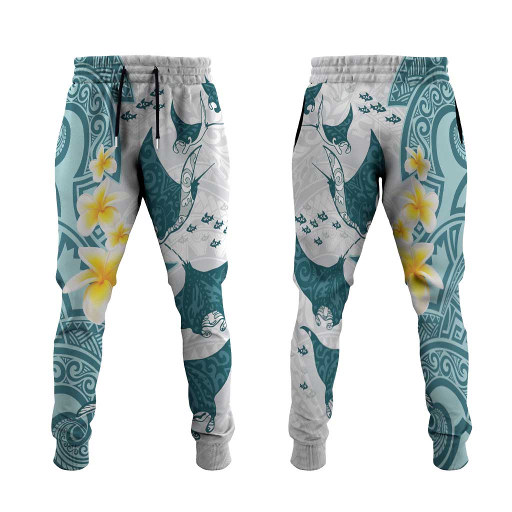 Maori Manta Ray Plumeria Teal Jogger Pants - Polynesian Pride