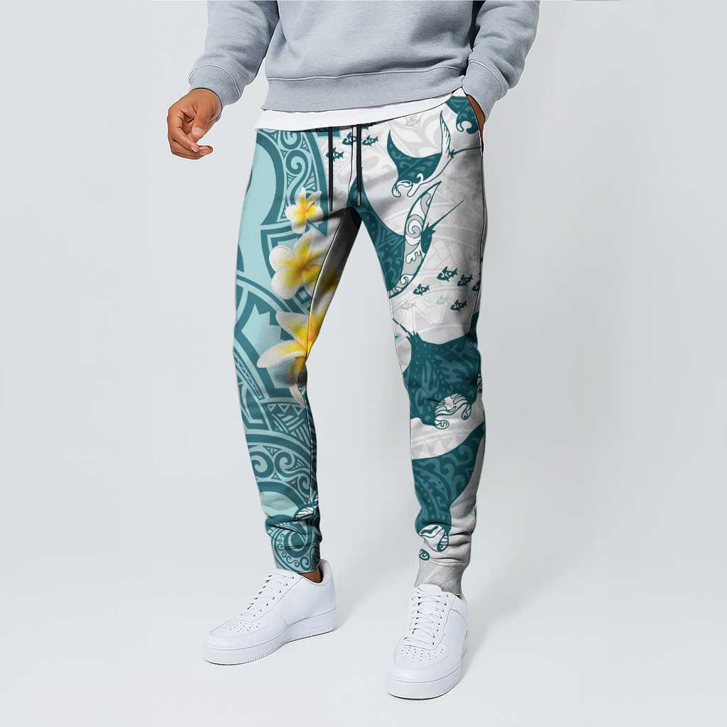 Maori Manta Ray Plumeria Teal Jogger Pants - Polynesian Pride