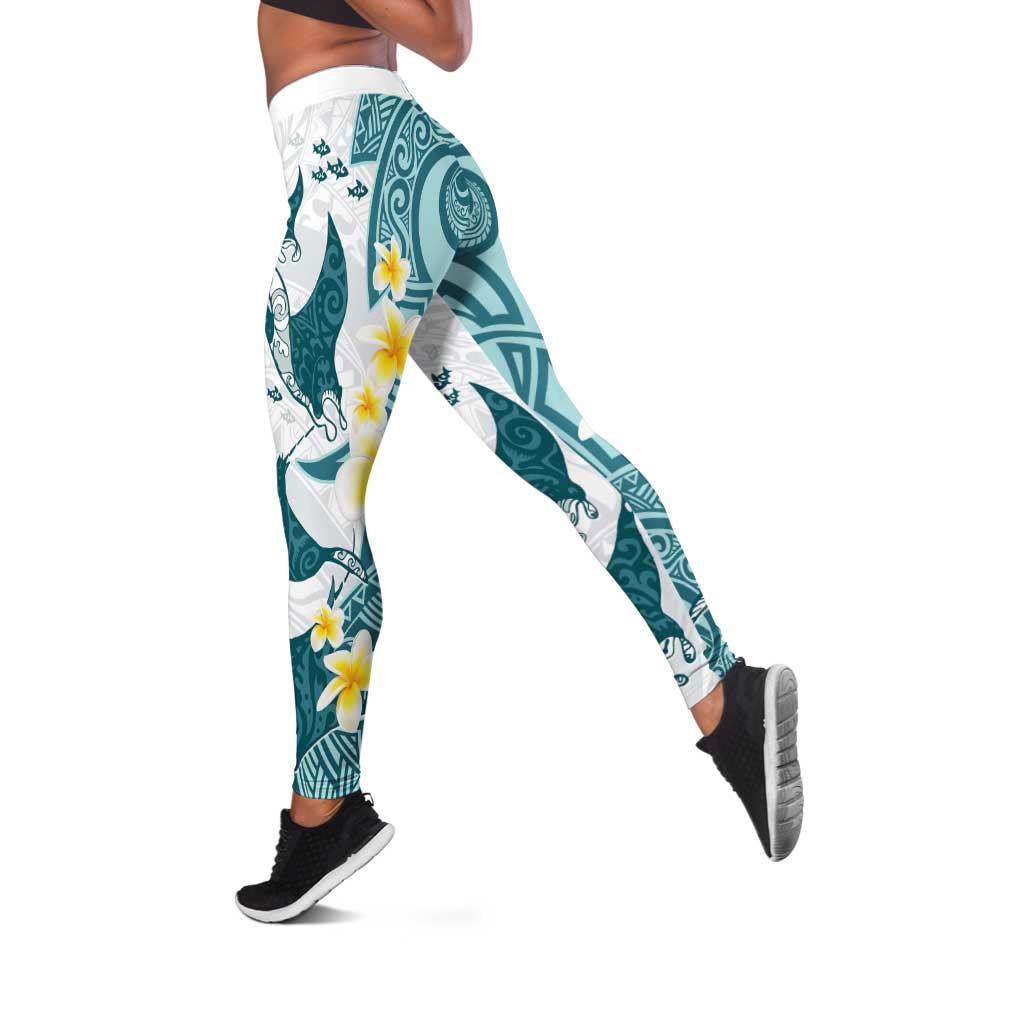 Maori Manta Ray Plumeria Teal Leggings - Polynesian Pride