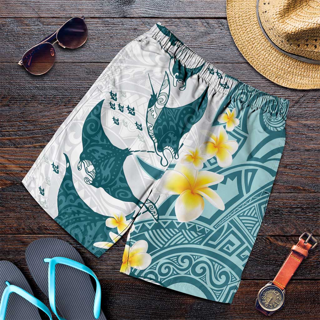 Maori Manta Ray Plumeria Teal Shorts for Men - Polynesian Pride