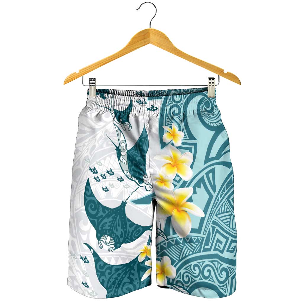 Maori Manta Ray Plumeria Teal Shorts for Men - Polynesian Pride