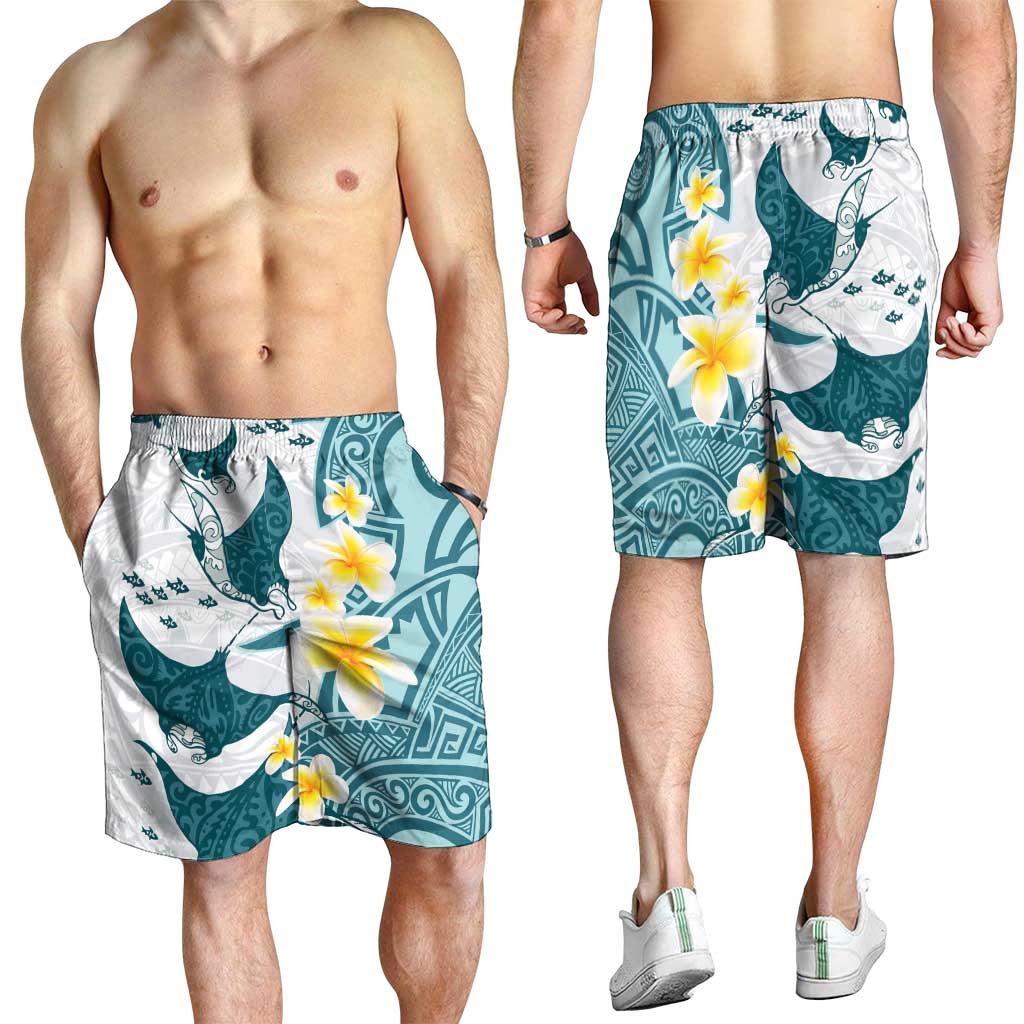 Maori Manta Ray Plumeria Teal Shorts for Men - Polynesian Pride