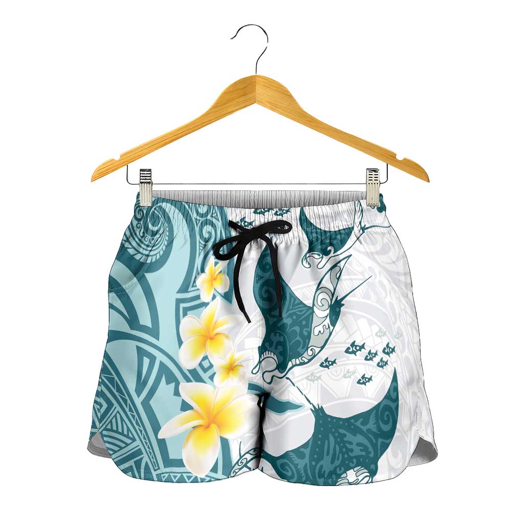 Maori Manta Ray Plumeria Teal Shorts for Women - Polynesian Pride