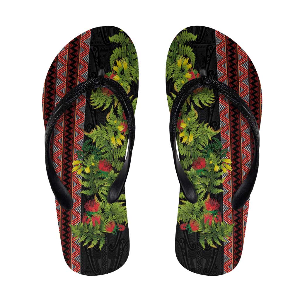 Maori Tukutuku Flip Flops with Ferns Pohutukawa and Kowhai Tribal Moko Patterns LT03 Multicolor - Polynesian Pride