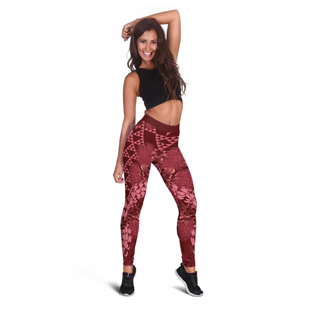 Maroon Aloha Hawaii Leggings Hawaiian Kakau Ohia Lehua Lei - Polynesian Pride