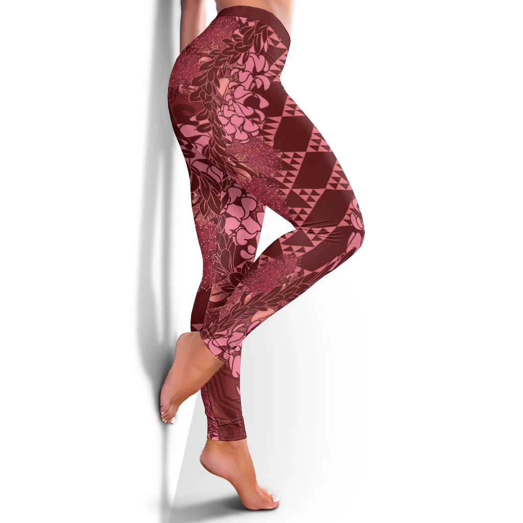 Maroon Aloha Hawaii Leggings Hawaiian Kakau Ohia Lehua Lei - Polynesian Pride