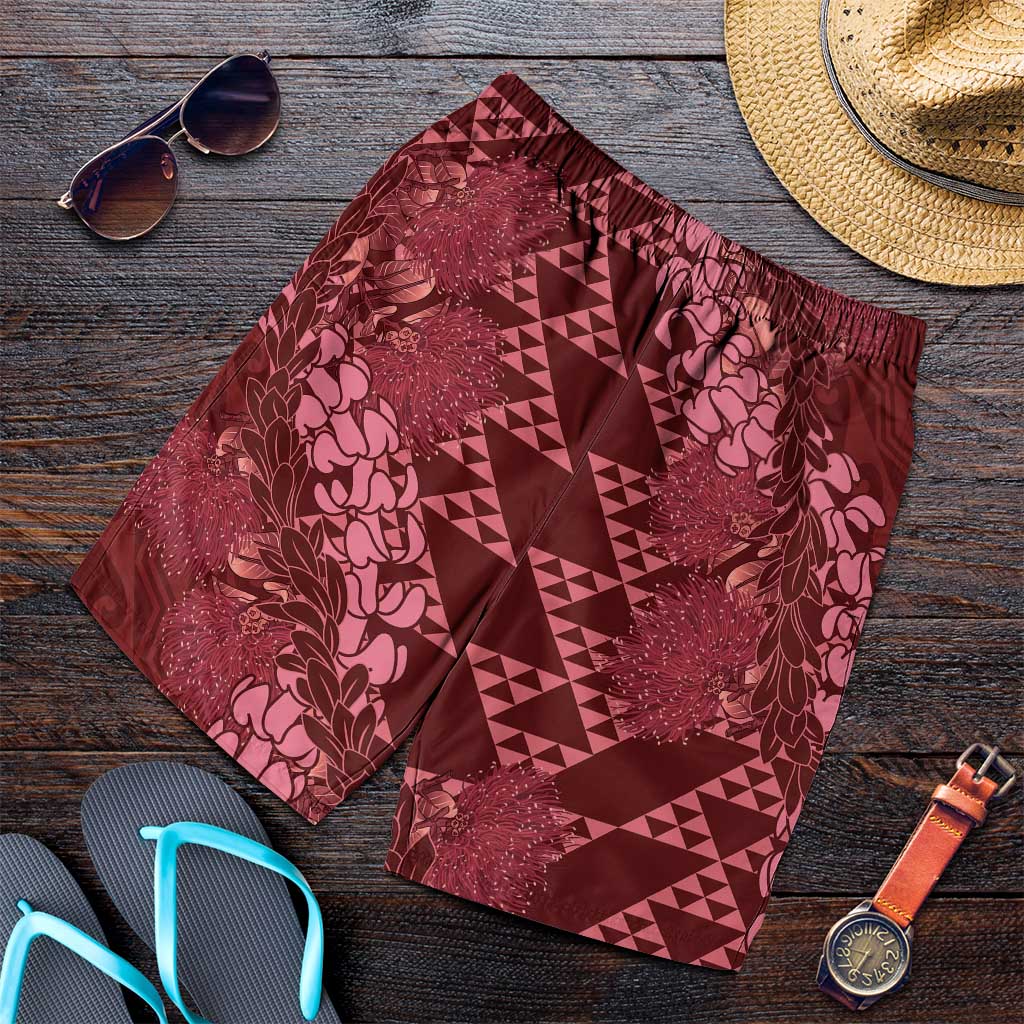 Maroon Aloha Hawaii Shorts for Men Hawaiian Kakau Ohia Lehua Lei - Polynesian Pride
