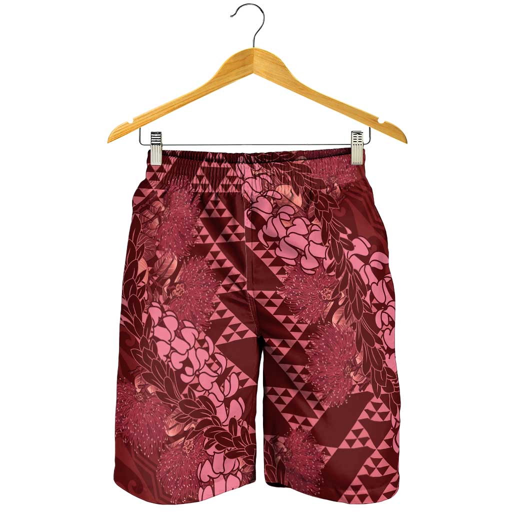 Maroon Aloha Hawaii Shorts for Men Hawaiian Kakau Ohia Lehua Lei - Polynesian Pride