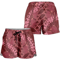 Maroon Aloha Hawaii Shorts for Women Hawaiian Kakau Ohia Lehua Lei - Polynesian Pride
