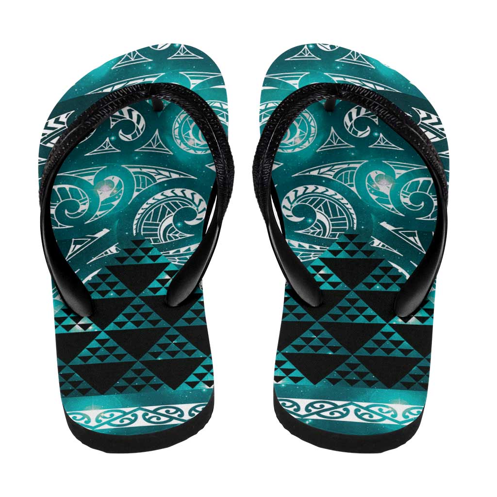 Matariki New Zealand Flip Flops NZ Niho Taniwha Maori New Year Cyan Galaxy LT14 - Polynesian Pride