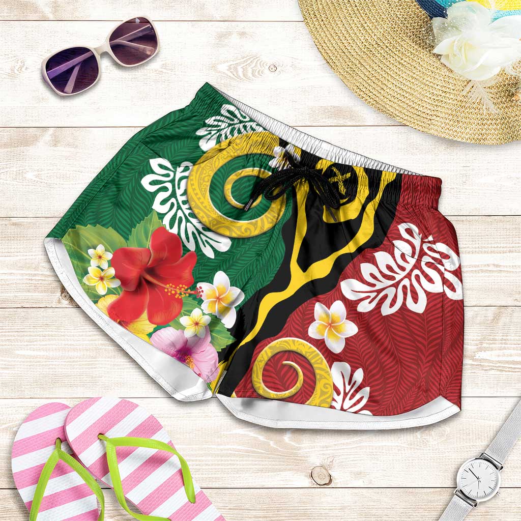 Melanesian Vanuatu Tribal Boar Tusk Shorts for Women Tropical Plants and Namele Motifs LT03 Green - Polynesian Pride