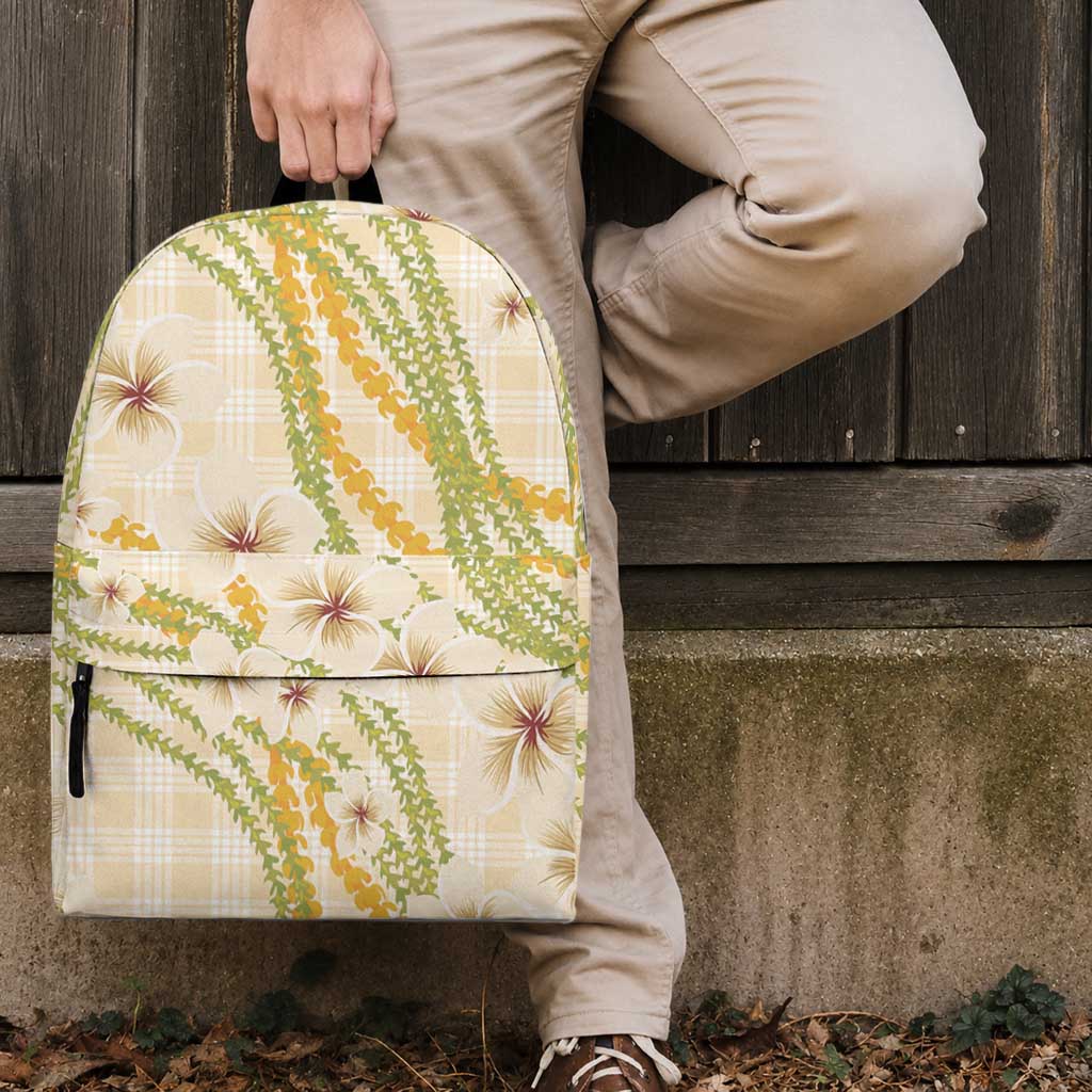 Melemele Ahiahia Hawai'i Palaka Plumeria Backpack Puakenikeni and Maile Lei