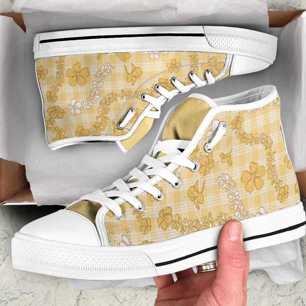 Melemele Aloha Hawaii High Top Shoes Plumeria Lei With Palaka Motif - Polynesian Pride