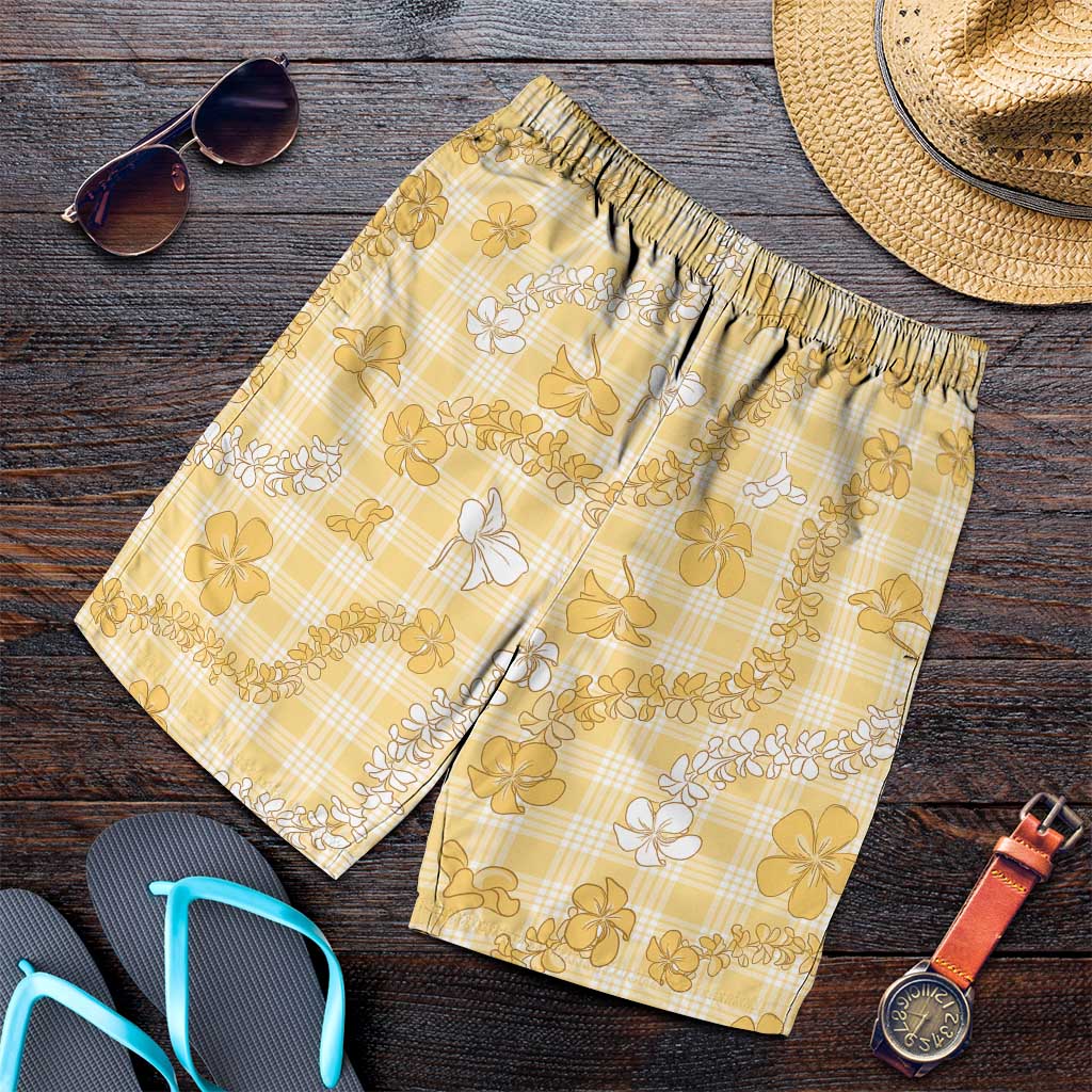 Melemele Aloha Hawaii Shorts for Men Plumeria Lei With Palaka Motif LT14 Yellow - Polynesian Pride