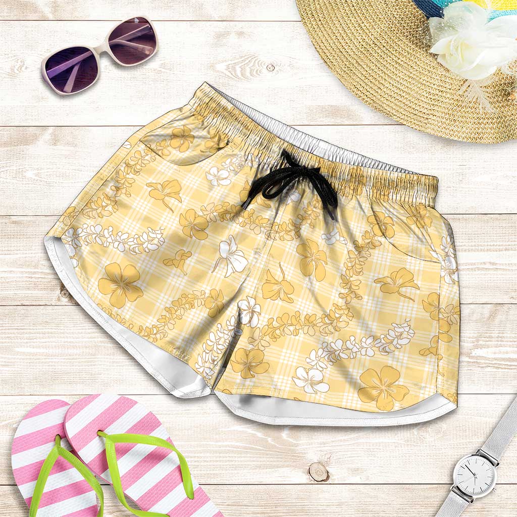 Melemele Aloha Hawaii Shorts for Women Plumeria Lei With Palaka Motif LT14 Yellow - Polynesian Pride