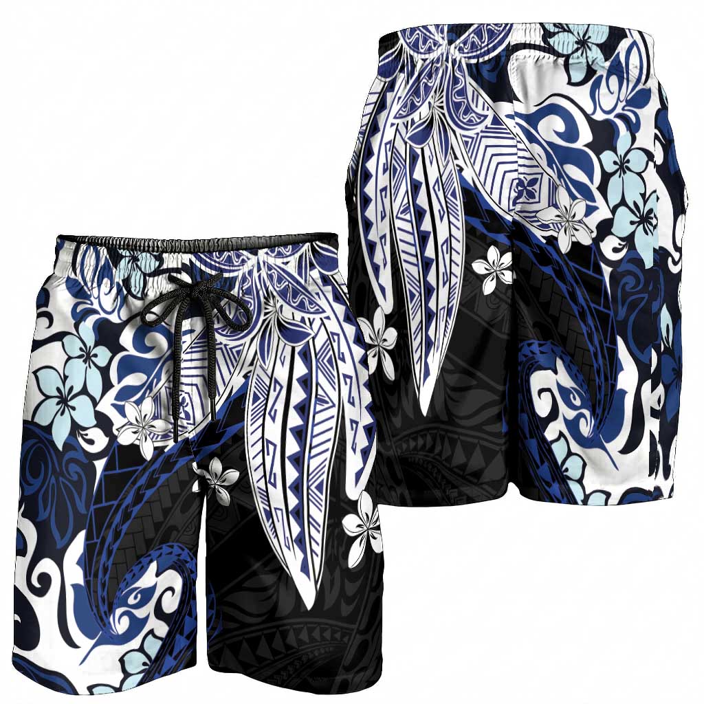 Monstera Plumeria Flowers Blue Shorts for Men Polynesian Pattern