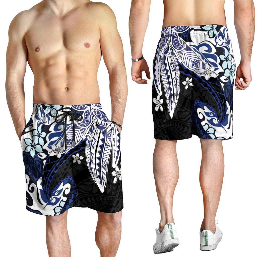 Monstera Plumeria Flowers Blue Shorts for Men Polynesian Pattern