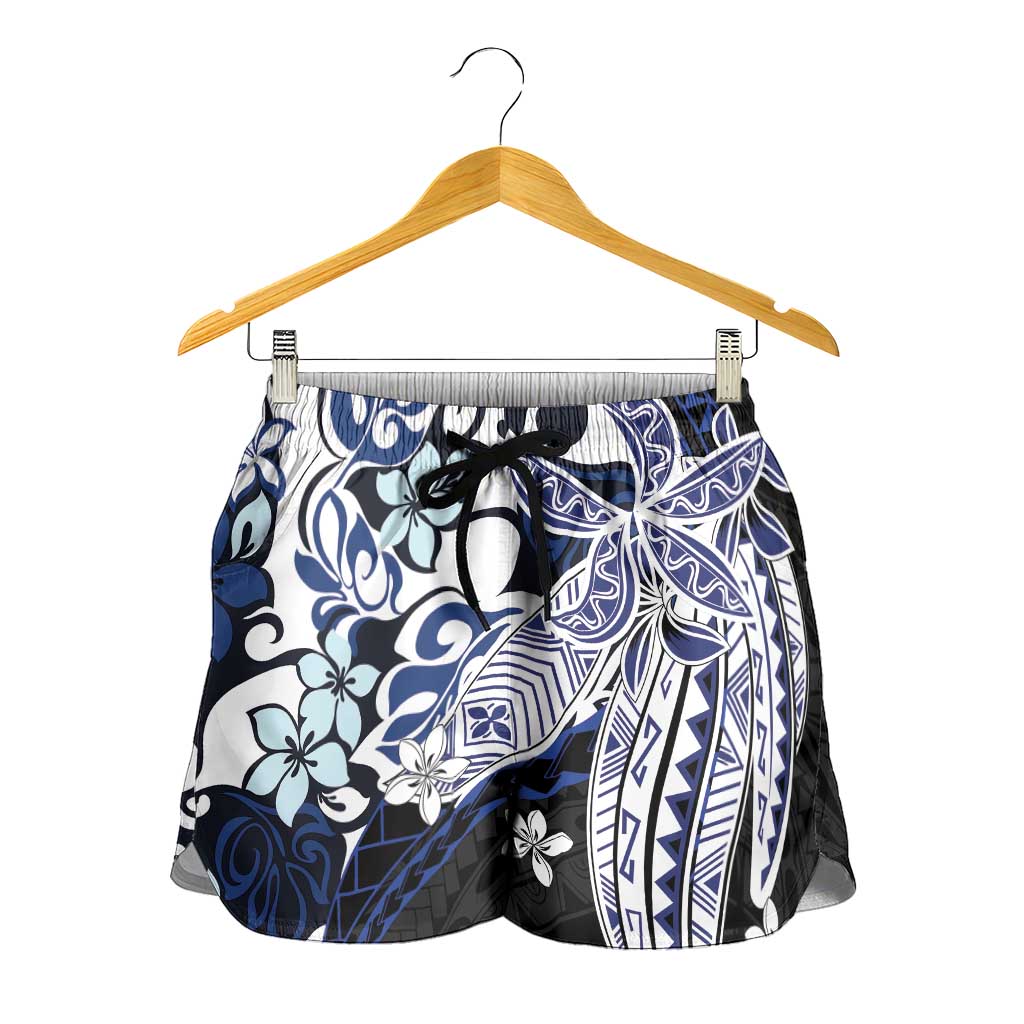 Monstera Plumeria Flowers Blue Shorts for Women Polynesian Pattern LT01 - Polynesian Pride