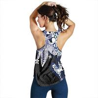 Monstera Plumeria Flowers Blue Women Racerback Tank Polynesian Pattern LT01 - Polynesian Pride