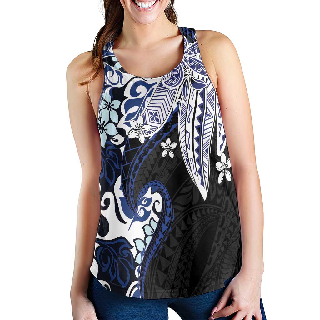 Monstera Plumeria Flowers Blue Women Racerback Tank Polynesian Pattern LT01 - Polynesian Pride