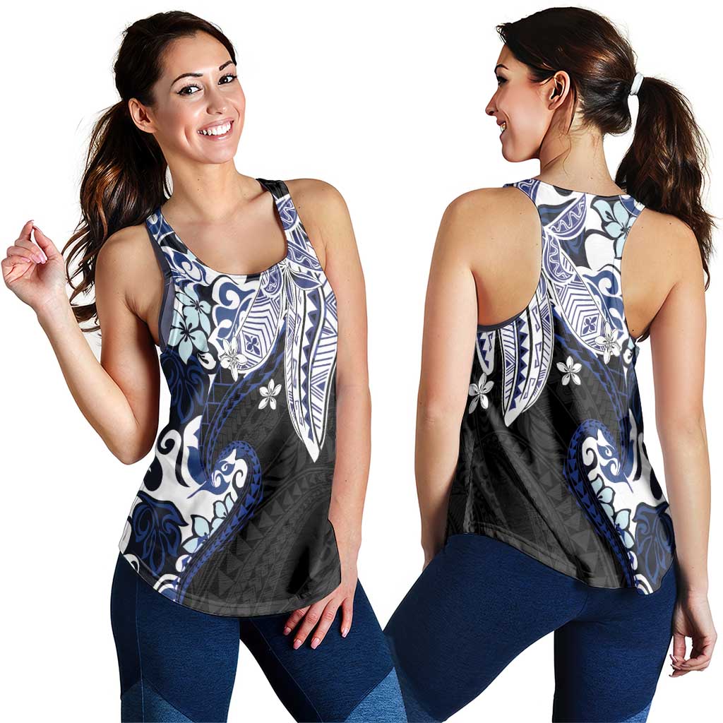 Monstera Plumeria Flowers Blue Women Racerback Tank Polynesian Pattern LT01 - Polynesian Pride
