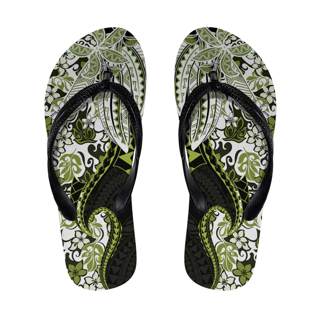 Monstera Plumeria Flowers Olive Green Flip Flops Polynesian Pattern LT01 Green - Polynesian Pride