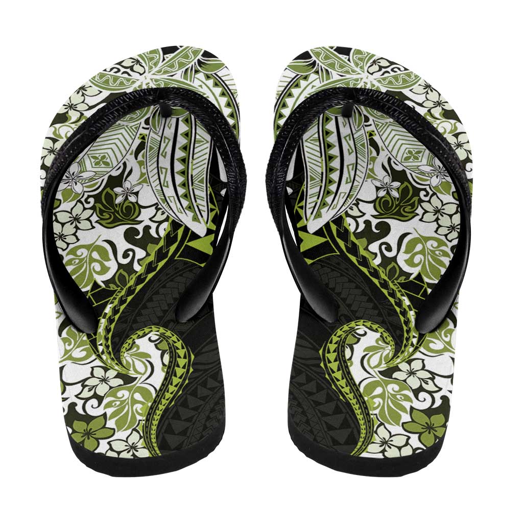 Monstera Plumeria Flowers Olive Green Flip Flops Polynesian Pattern LT01 - Polynesian Pride