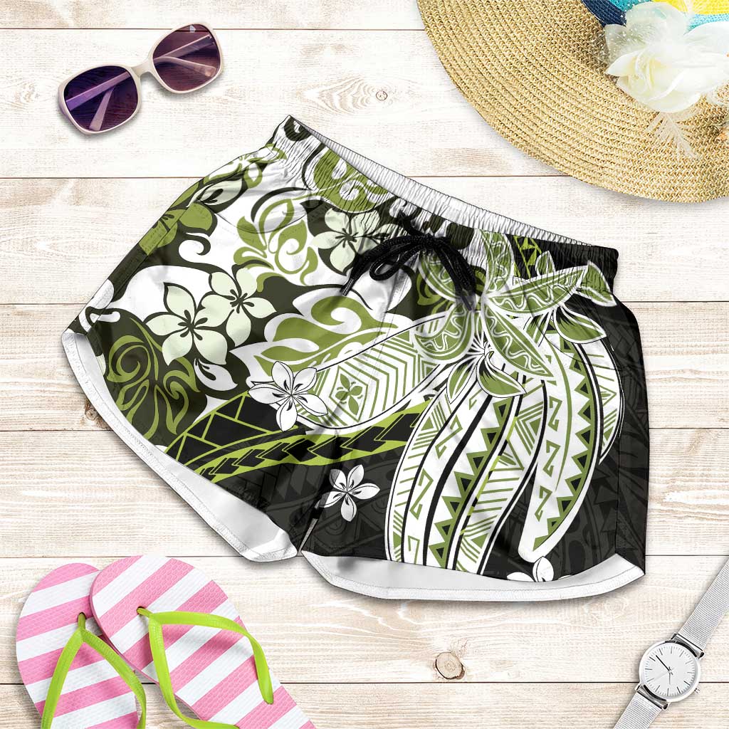 Monstera Plumeria Flowers Olive Green Shorts for Women Polynesian Pattern LT01 Green - Polynesian Pride