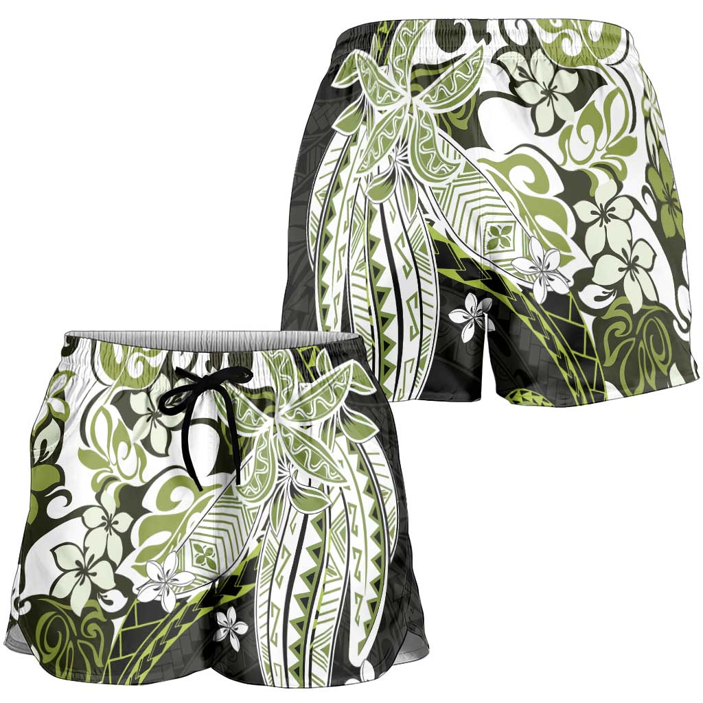Monstera Plumeria Flowers Olive Green Shorts for Women Polynesian Pattern LT01 - Polynesian Pride