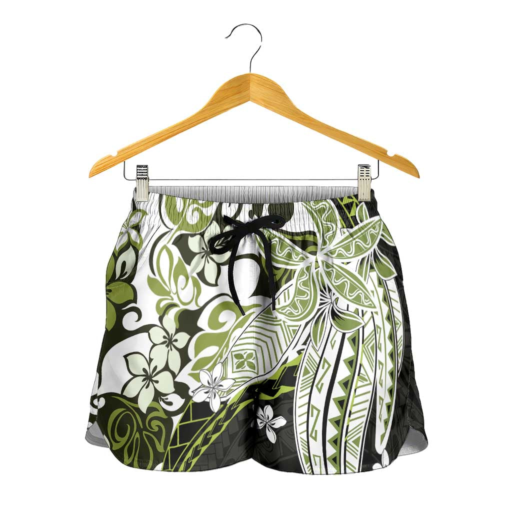 Monstera Plumeria Flowers Olive Green Shorts for Women Polynesian Pattern LT01 - Polynesian Pride