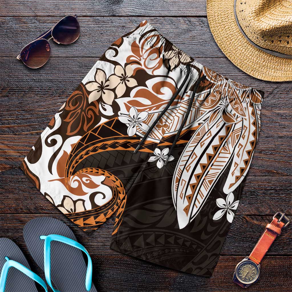 Monstera Plumeria Flowers Orange Shorts for Men Polynesian Pattern