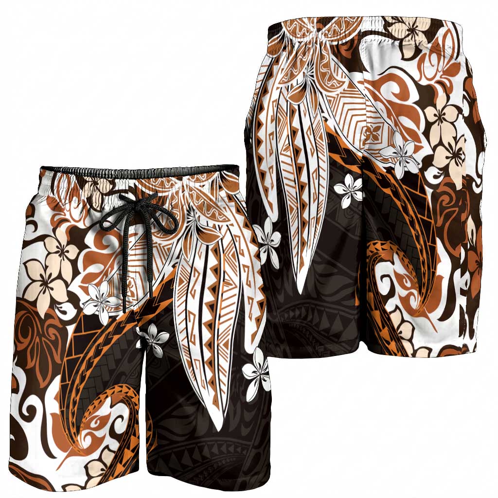 Monstera Plumeria Flowers Orange Shorts for Men Polynesian Pattern