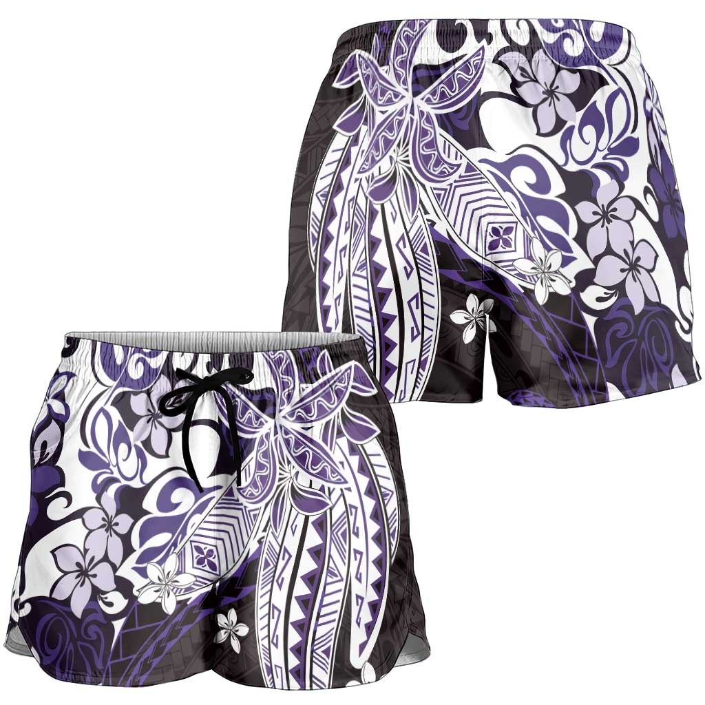 Monstera Plumeria Flowers Purple Shorts for Women Polynesian Pattern LT01 - Polynesian Pride