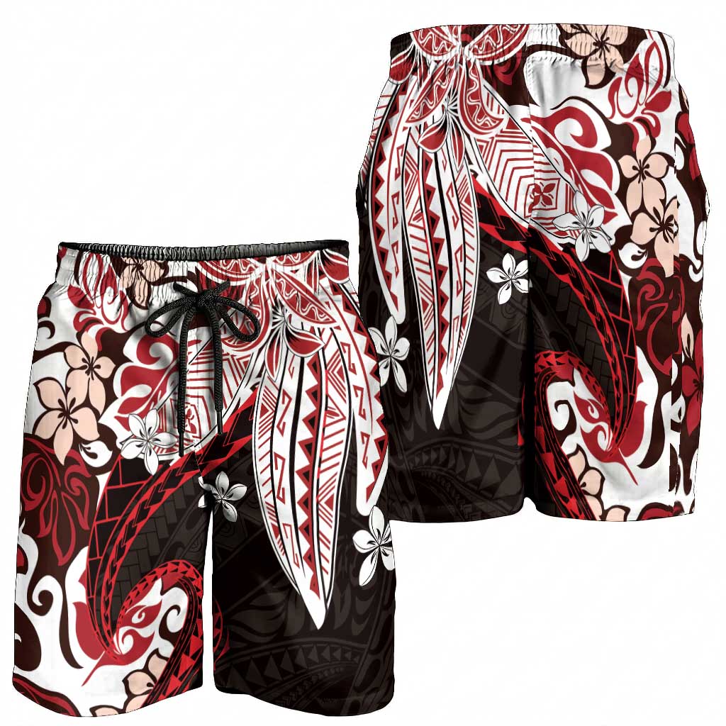 Monstera Plumeria Flowers Red Shorts for Men Polynesian Pattern LT01 - Polynesian Pride