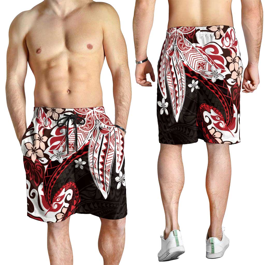 Monstera Plumeria Flowers Red Shorts for Men Polynesian Pattern LT01 - Polynesian Pride