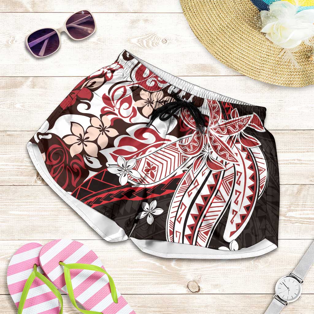 Monstera Plumeria Flowers Red Shorts for Women Polynesian Pattern LT01 Red - Polynesian Pride