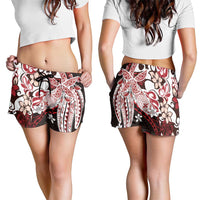 Monstera Plumeria Flowers Red Shorts for Women Polynesian Pattern LT01 - Polynesian Pride