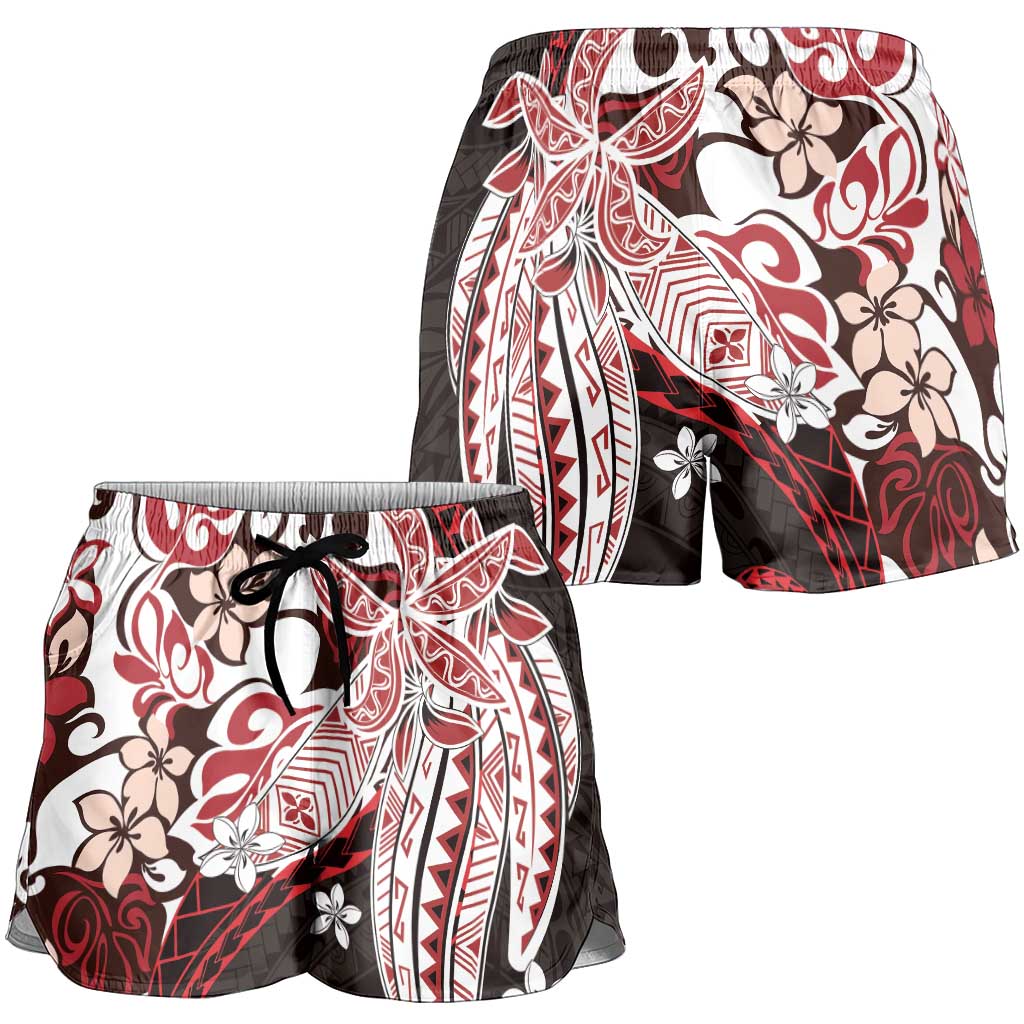 Monstera Plumeria Flowers Red Shorts for Women Polynesian Pattern LT01 - Polynesian Pride