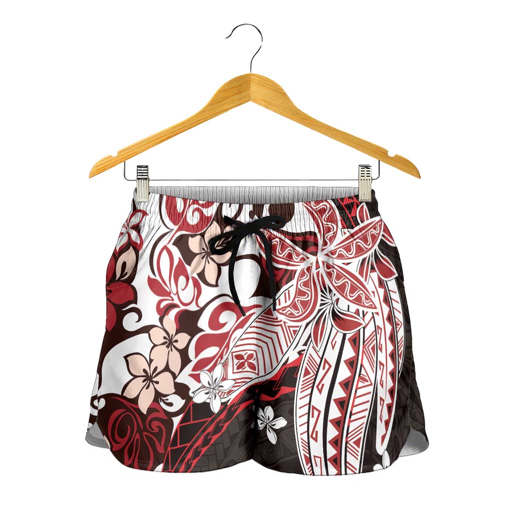 Monstera Plumeria Flowers Red Shorts for Women Polynesian Pattern LT01 - Polynesian Pride